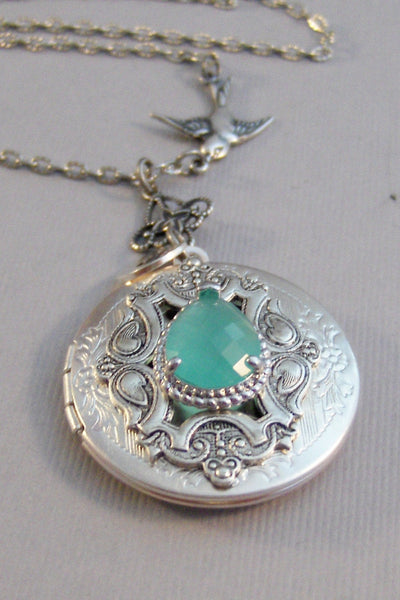 Sea Mist,Aqua Locket,Aqua Necklace,Green Locket, Green Necklace,Blue Locket,Locket,Antique Locket,Sparrow,Bird Locket,Initial,Hand Stamp