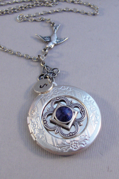 Sapphire Sparrow,Locket,Sapphire Necklace,Sapphire Locket,Sapphire Jewelry,Antique Sapphire,Photo Locket,Silver Locket,Blue Stone,Blue,raw