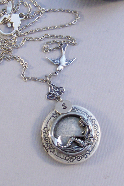 Mermaid's Sparrow,Locket,Mermaid Necklace,Mermaid Locket,Mermaid Jewelry,Handmade Mermaid Locket,Siren Locket,Hand STamped,Bird Locket