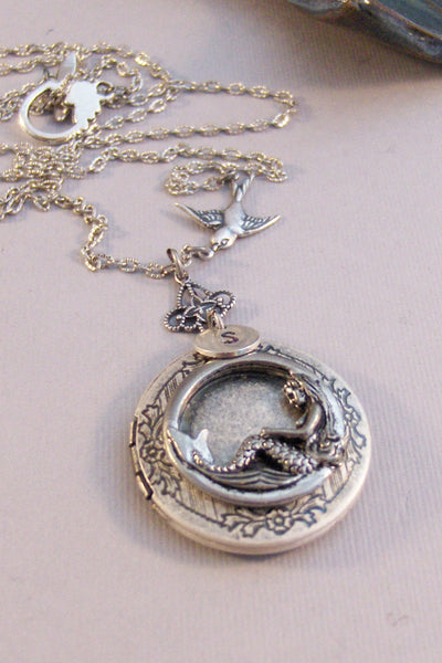 Mermaid's Sparrow,Locket,Mermaid Necklace,Mermaid Locket,Mermaid Jewelry,Handmade Mermaid Locket,Siren Locket,Hand STamped,Bird Locket