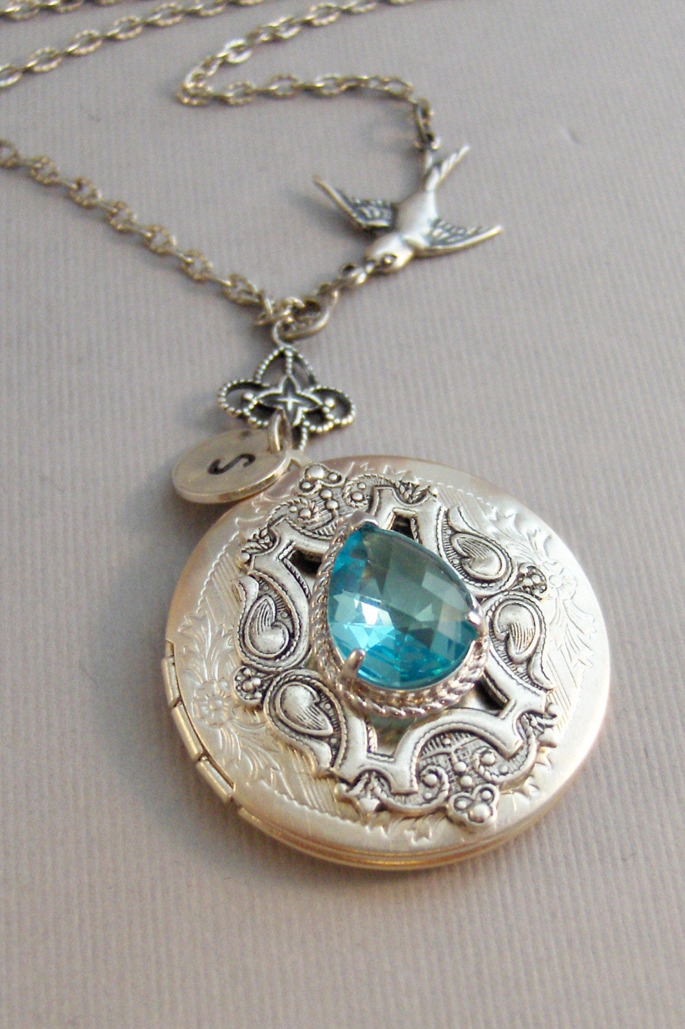 Victorian Sparrow,Aquamarine Necklace,Aquamarine Locket,Aquamarine Jewelry,Aquamarine in Handmade,Initial,Hand Stamp,Personalized