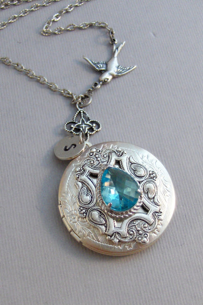 Victorian Sparrow,Aquamarine Necklace,Aquamarine Locket,Aquamarine Jewelry,Aquamarine in Handmade,Initial,Hand Stamp,Personalized