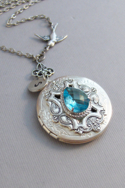 Victorian Sparrow,Aquamarine Necklace,Aquamarine Locket,Aquamarine Jewelry,Aquamarine in Handmade,Initial,Hand Stamp,Personalized