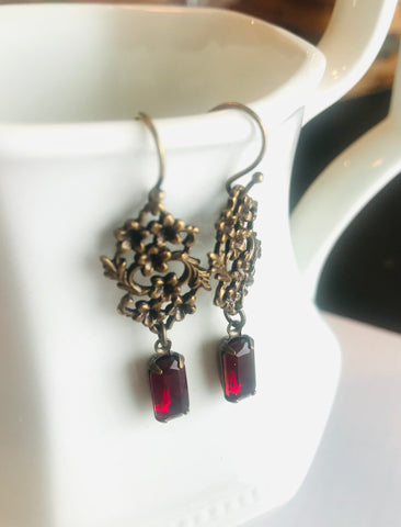 Floral Garnet,Earrings,Vintage Earrings,Garnet Earrings,Brass Earrings,Garnet,Birthstone,January. Handmade Jewelry by valleygirldesigns.